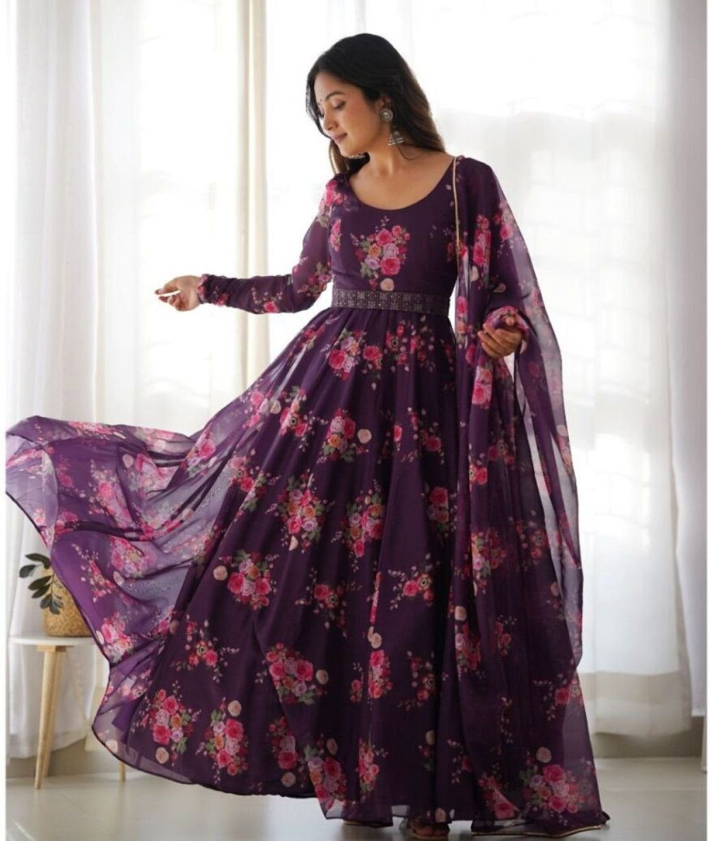 Elegant Wine Printed Georgette Gown for Women