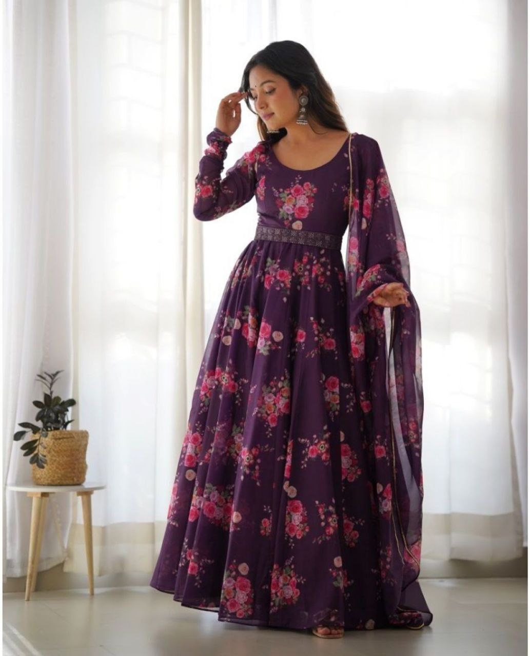 Elegant Wine Printed Georgette Gown for Women