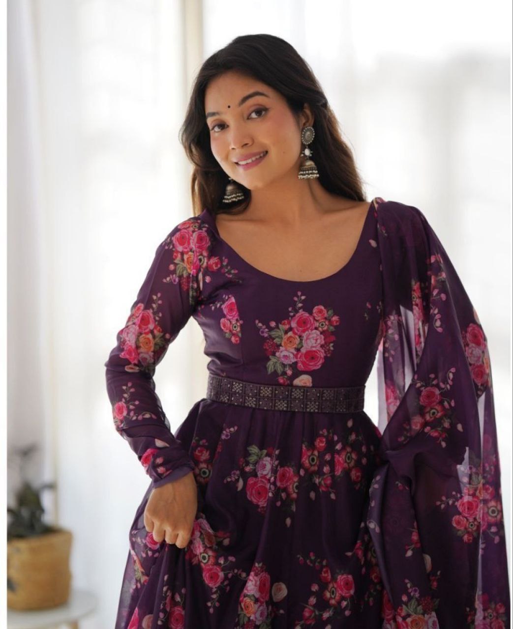 Elegant Wine Printed Georgette Gown for Women