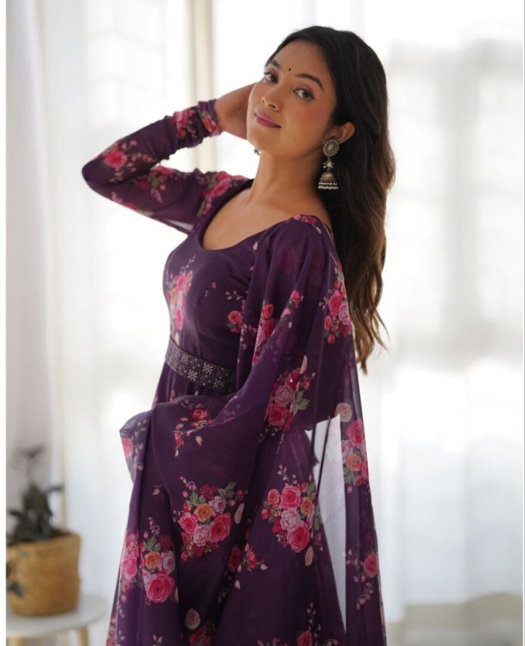 Elegant Wine Printed Georgette Gown for Women
