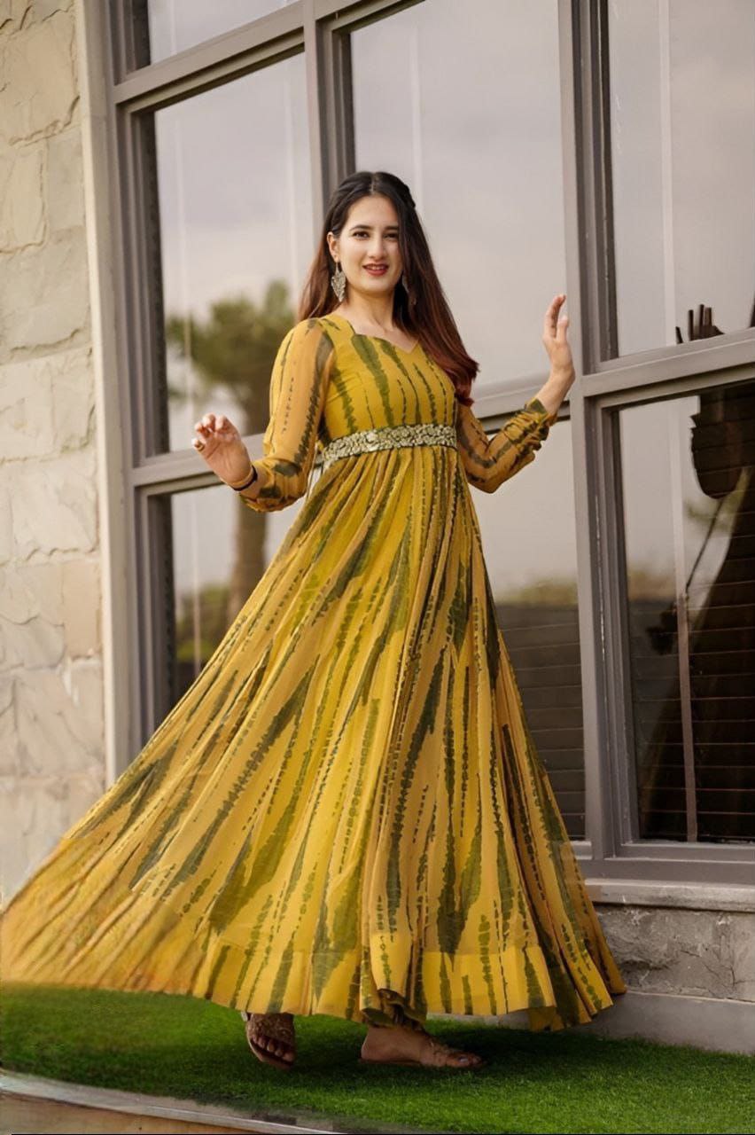 Elegant Printed Georgette Gown with Belt