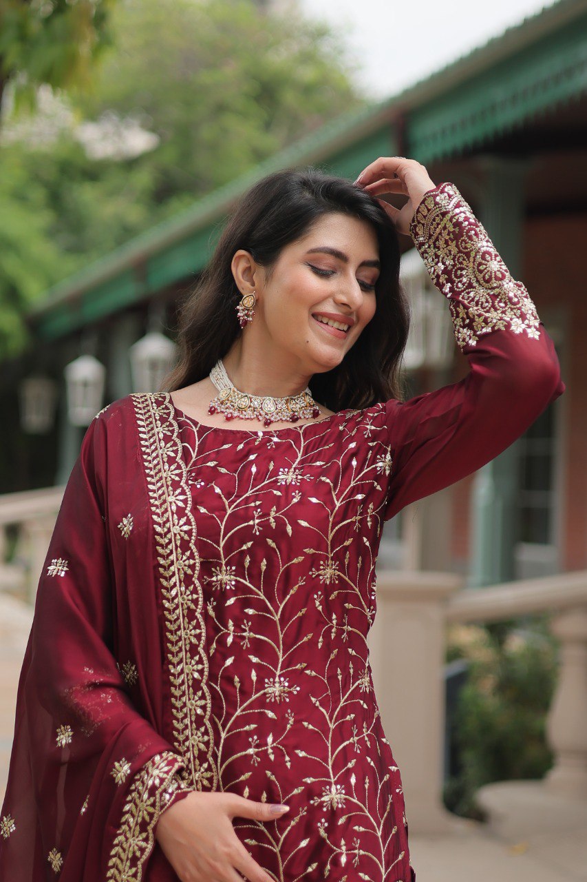 MEHER MAROON AND GREEN EMBROIDERED ANARKALI SUIT SET