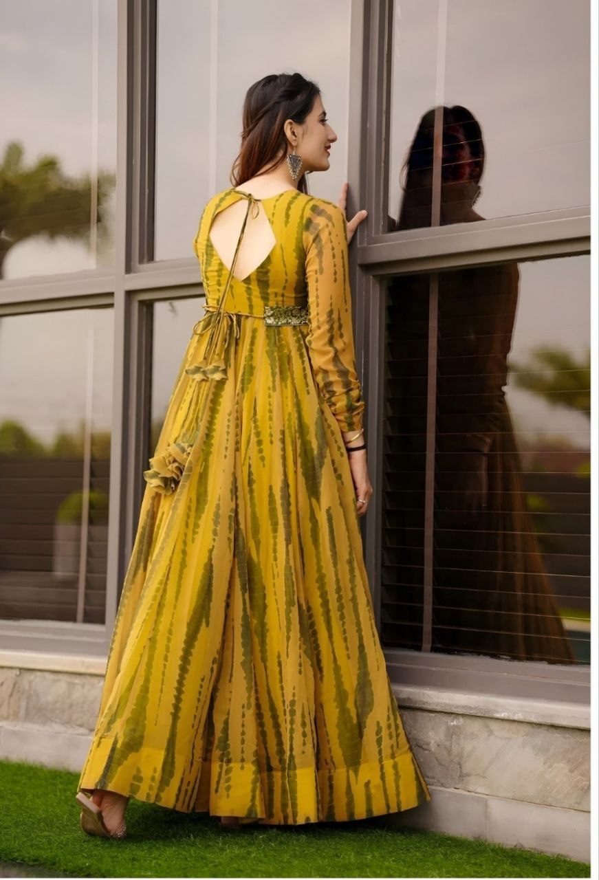 Elegant Printed Georgette Gown with Belt