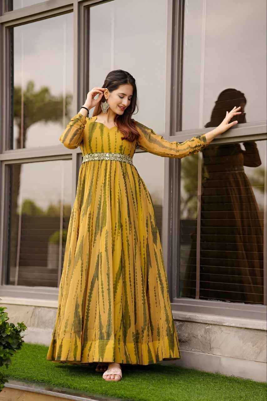 Elegant Printed Georgette Gown with Belt