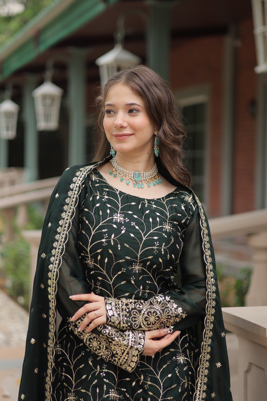 MEHER MAROON AND GREEN EMBROIDERED ANARKALI SUIT SET