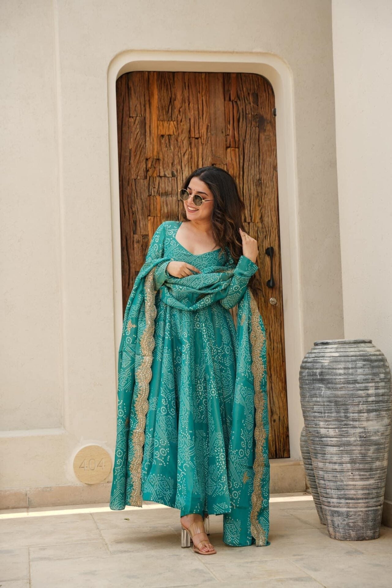 GREEN BANDHEJ MASLIN ANARKALI SUIT SET SC 141