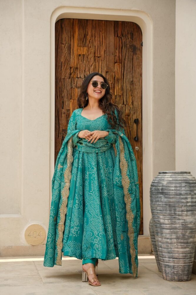 GREEN BANDHEJ MASLIN ANARKALI SUIT SET SC 141