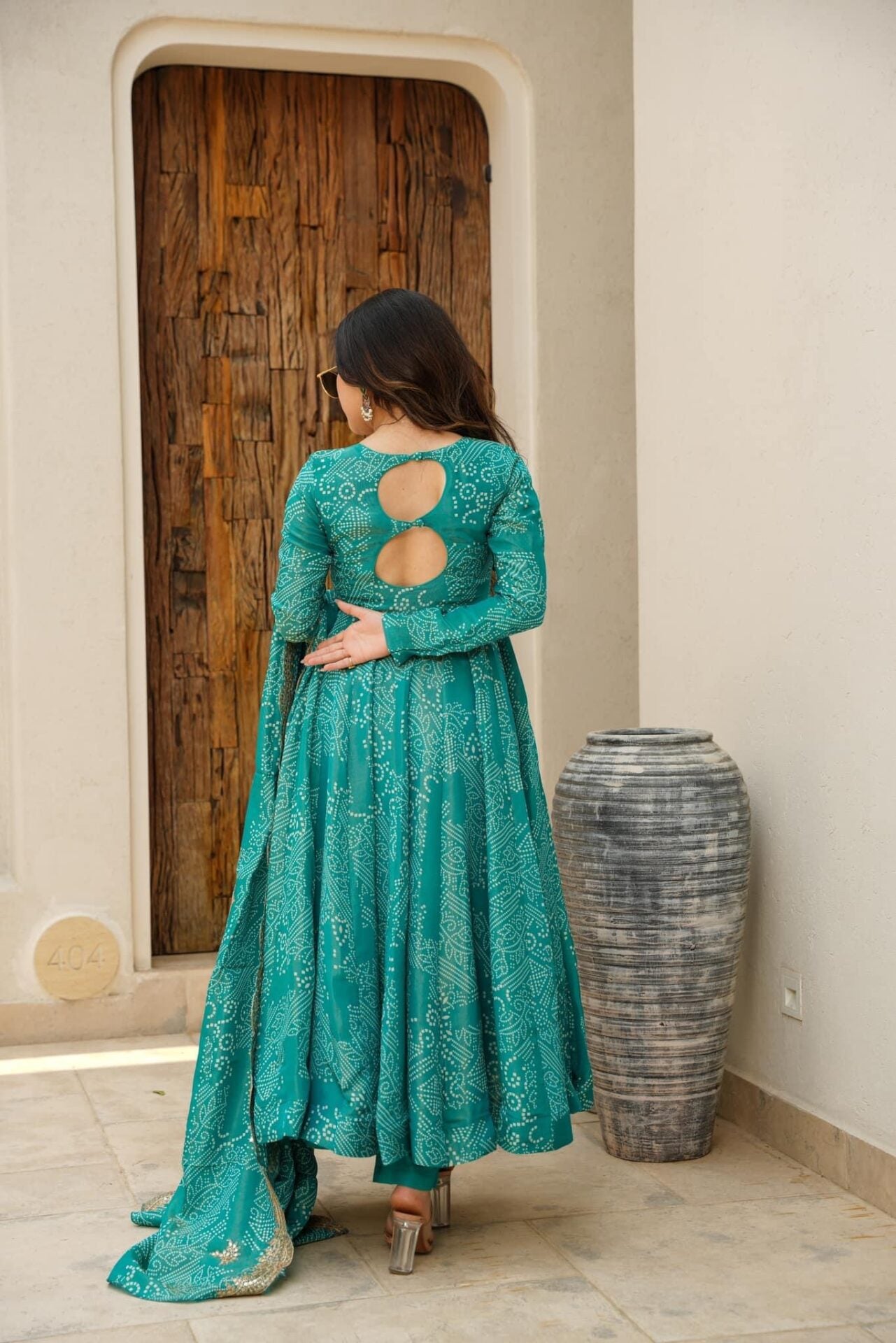 GREEN BANDHEJ MASLIN ANARKALI SUIT SET SC 141