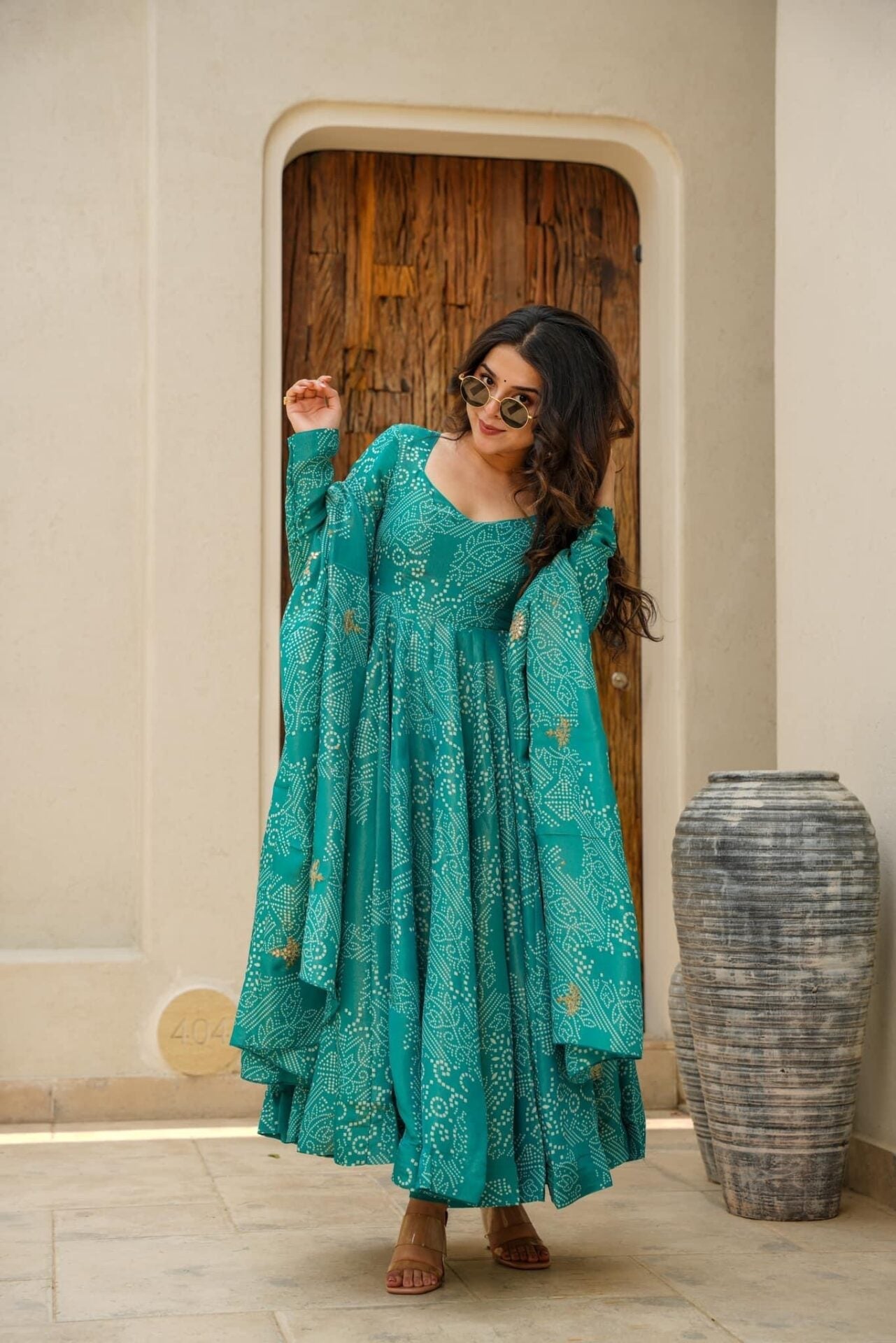 GREEN BANDHEJ MASLIN ANARKALI SUIT SET SC 141
