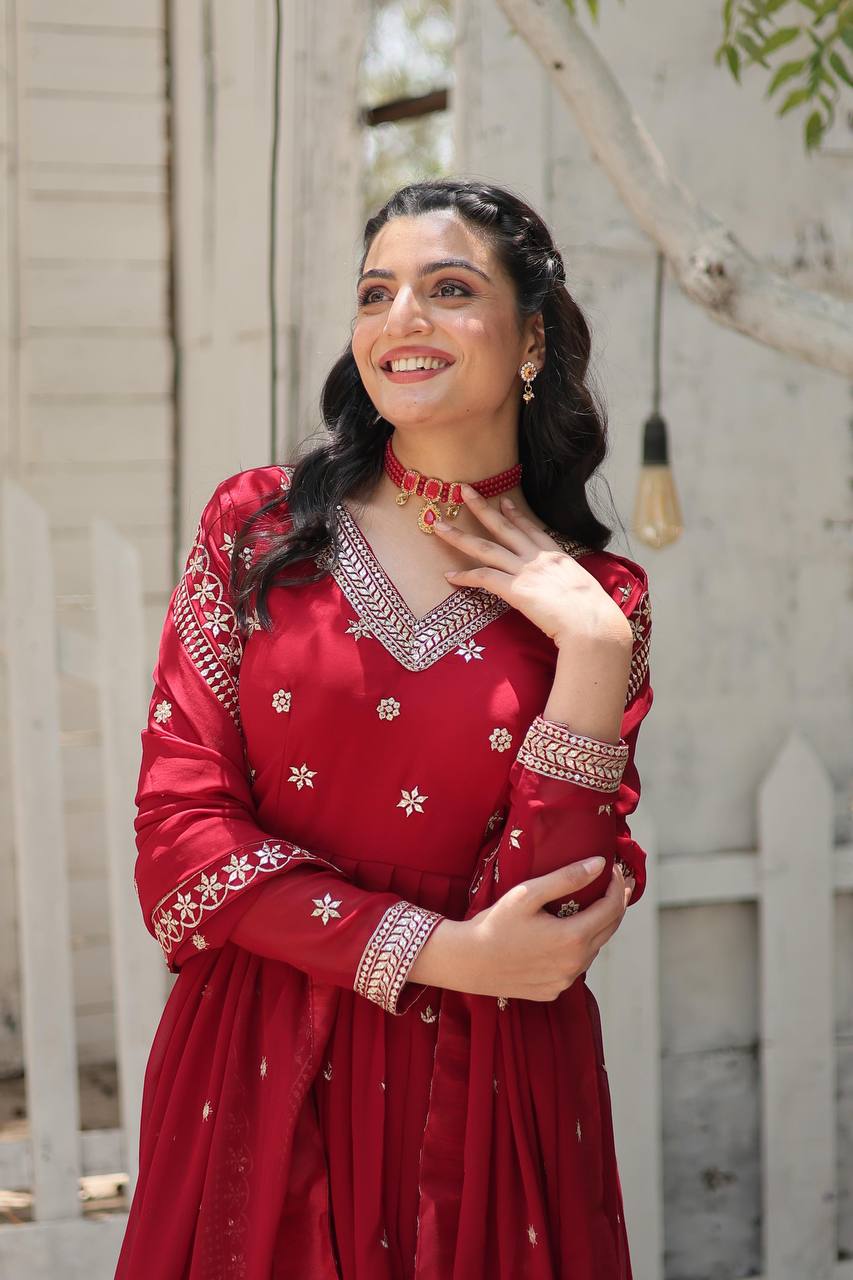 EKANTHA RED AND PURPLE DESIGNER EMBROIDERED SUIT SET