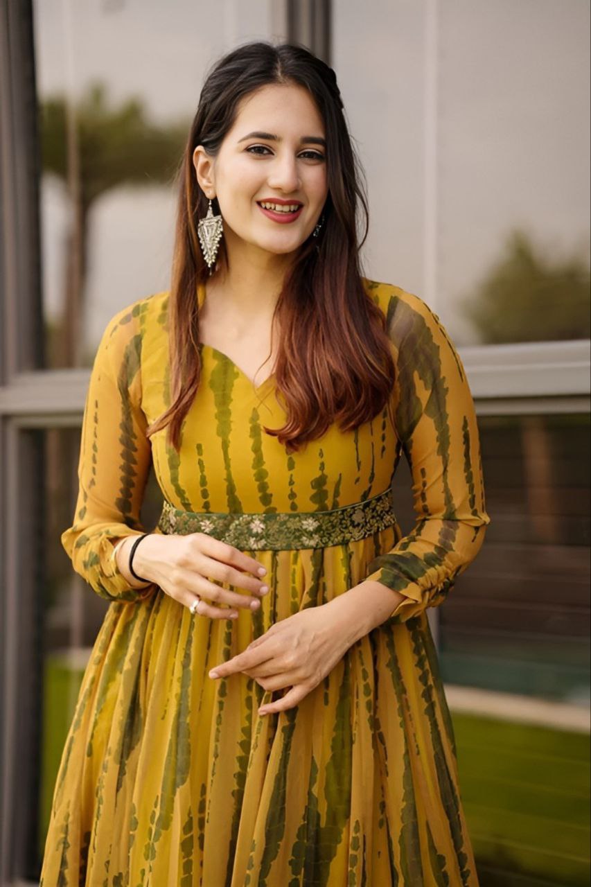 Elegant Printed Georgette Gown with Belt