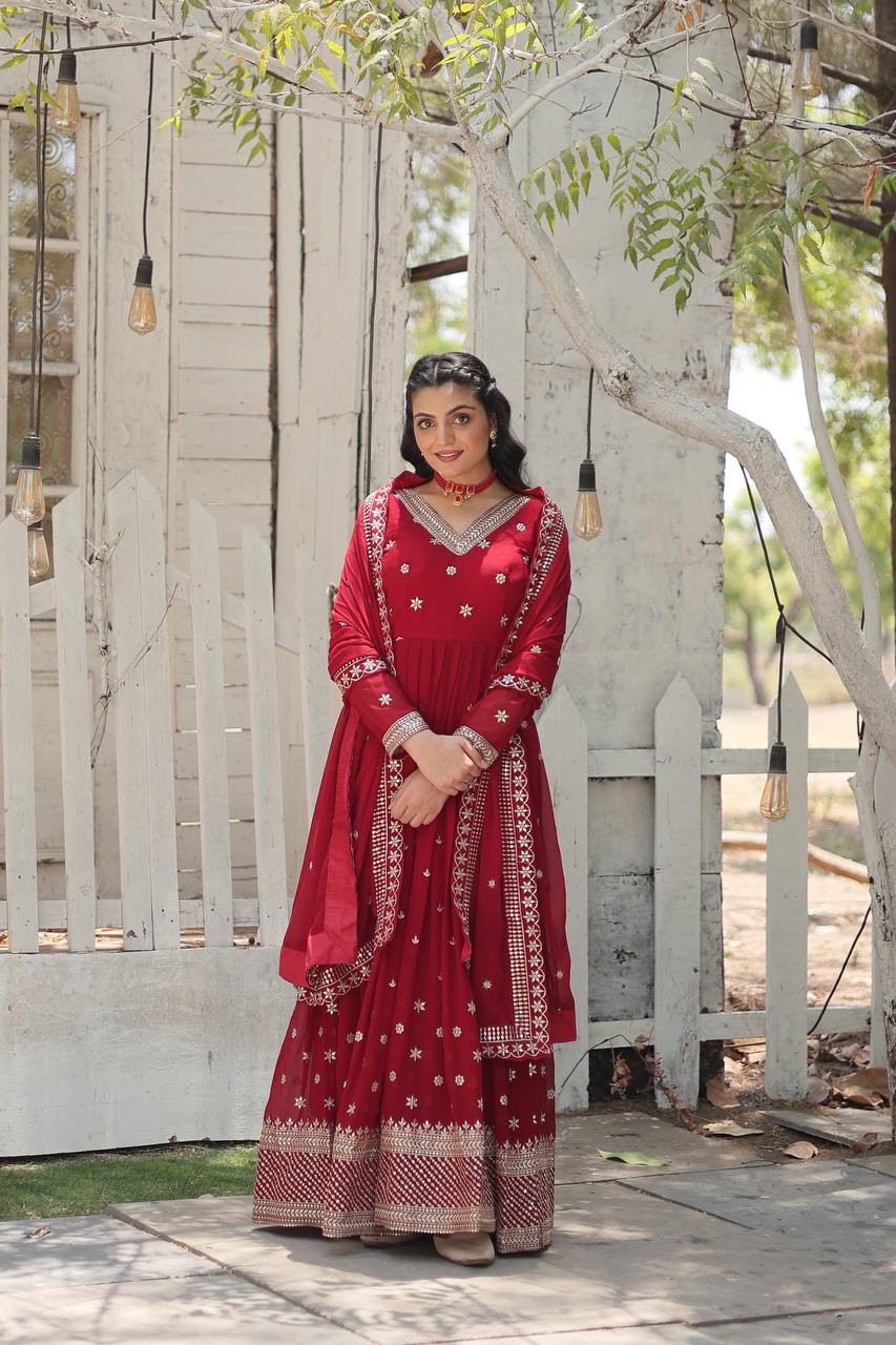 EKANTHA RED AND PURPLE DESIGNER EMBROIDERED SUIT SET