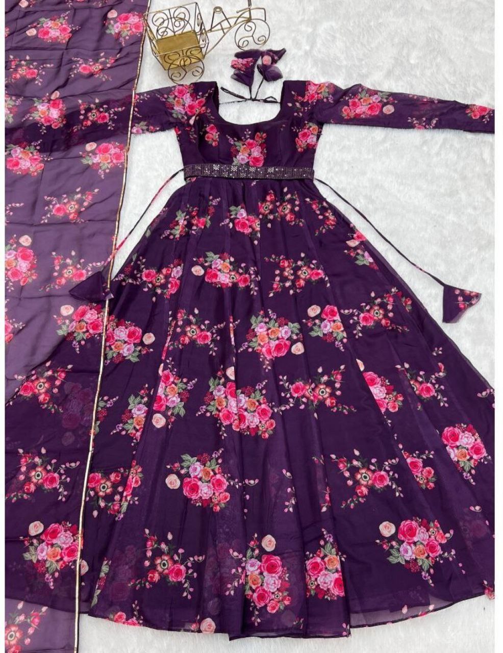 Elegant Wine Printed Georgette Gown for Women