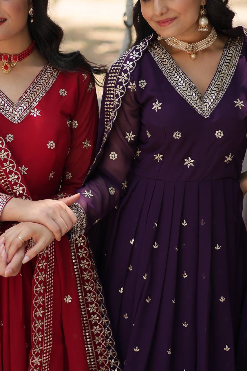 EKANTHA RED AND PURPLE DESIGNER EMBROIDERED SUIT SET