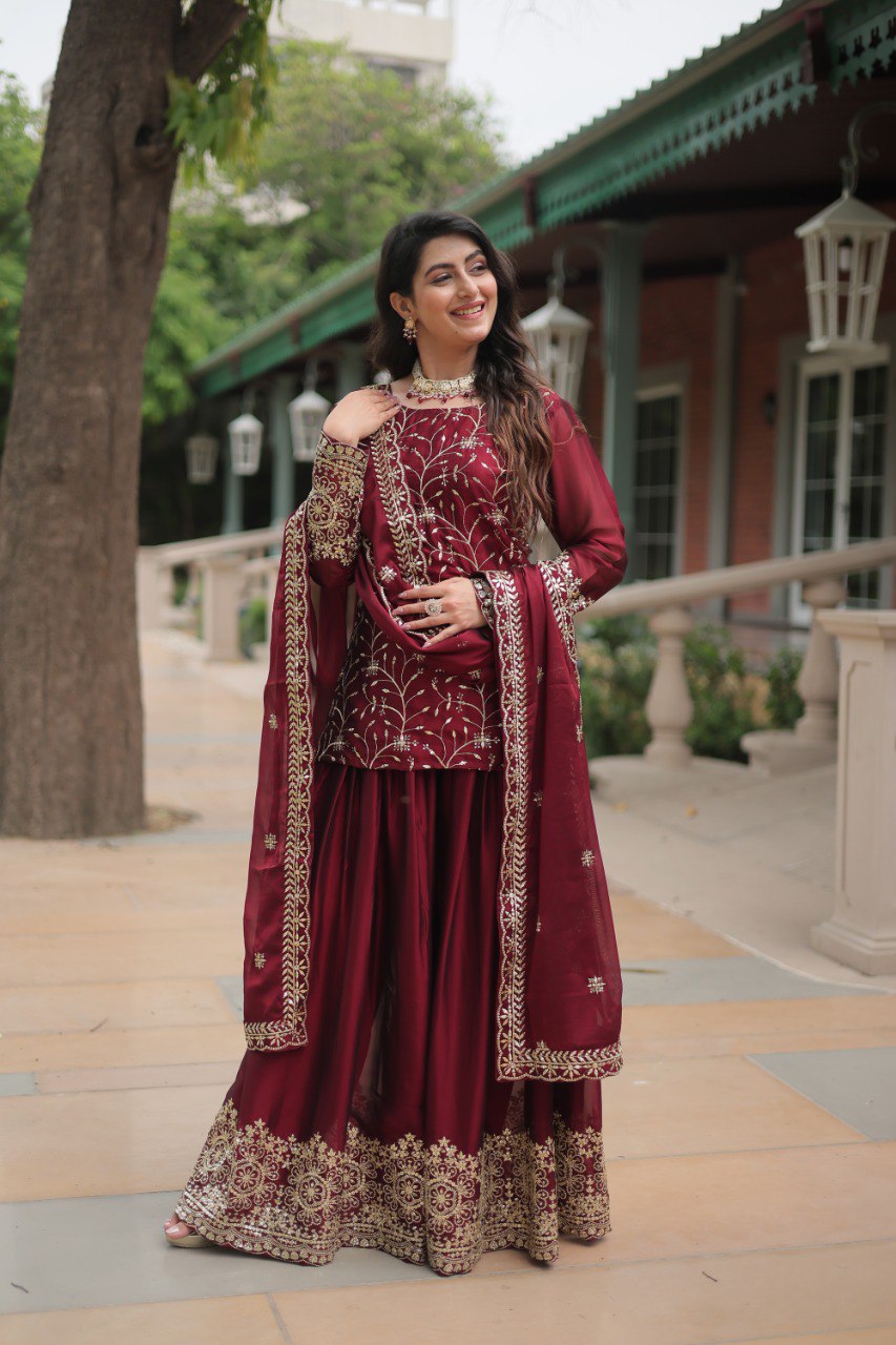 MEHER MAROON AND GREEN EMBROIDERED ANARKALI SUIT SET