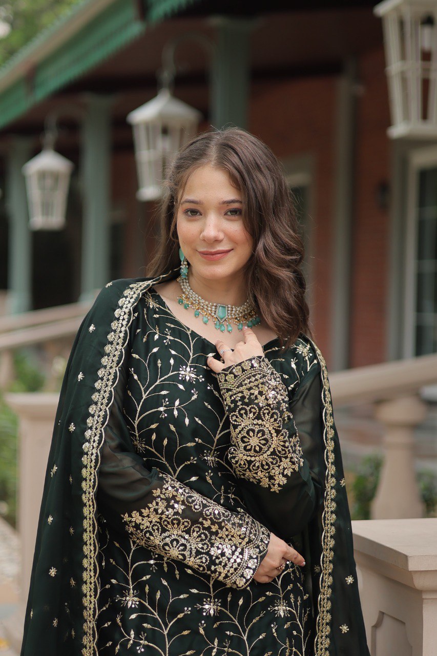 MEHER MAROON AND GREEN EMBROIDERED ANARKALI SUIT SET