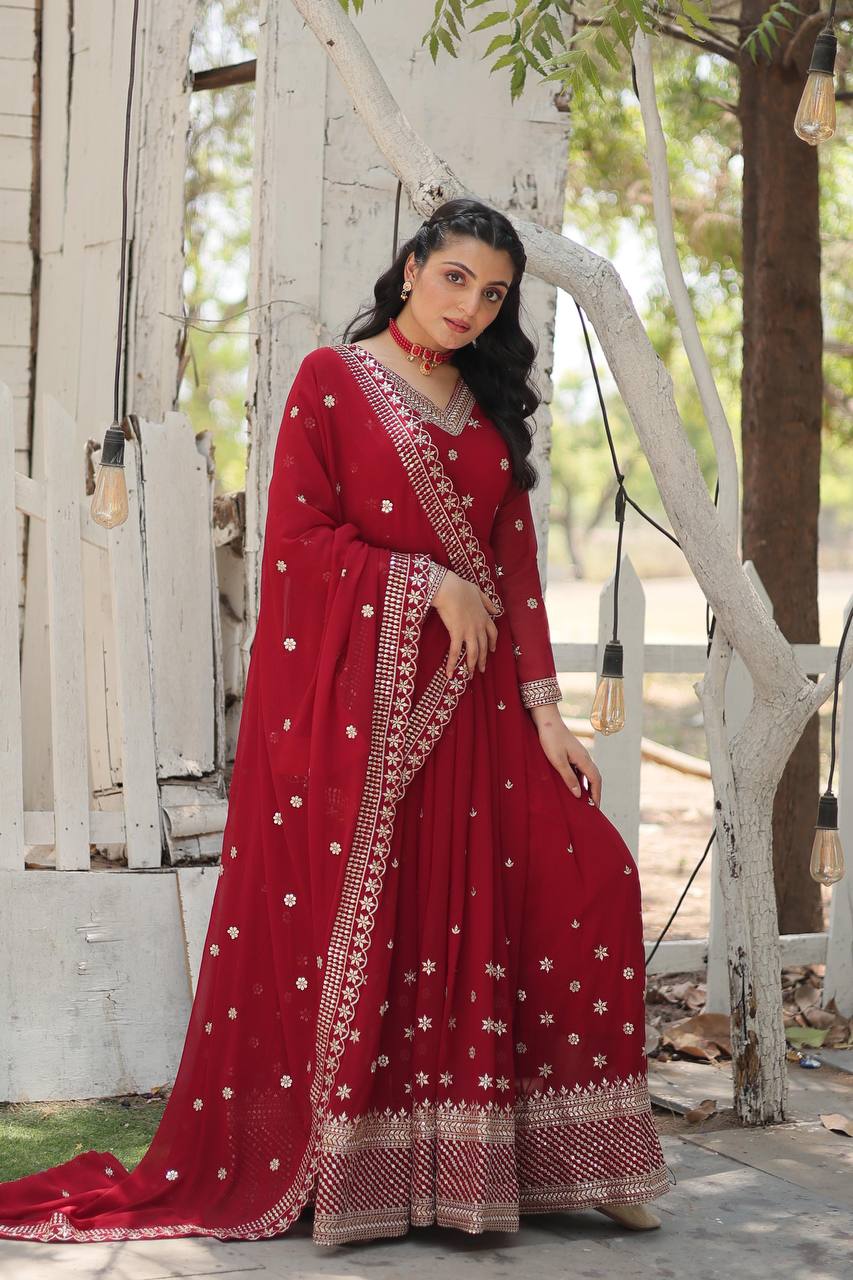 EKANTHA RED AND PURPLE DESIGNER EMBROIDERED SUIT SET