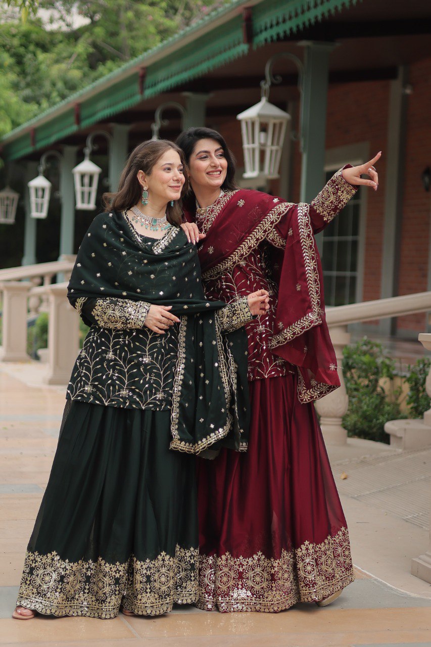 MEHER MAROON AND GREEN EMBROIDERED ANARKALI SUIT SET