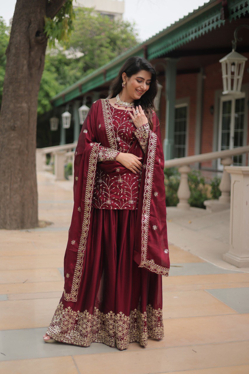 MEHER MAROON AND GREEN EMBROIDERED ANARKALI SUIT SET