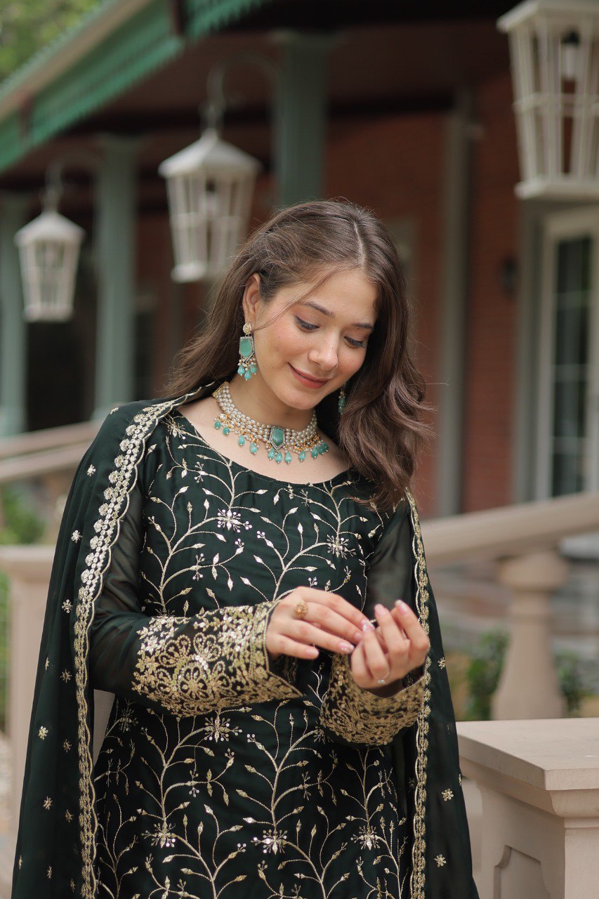 MEHER MAROON AND GREEN EMBROIDERED ANARKALI SUIT SET