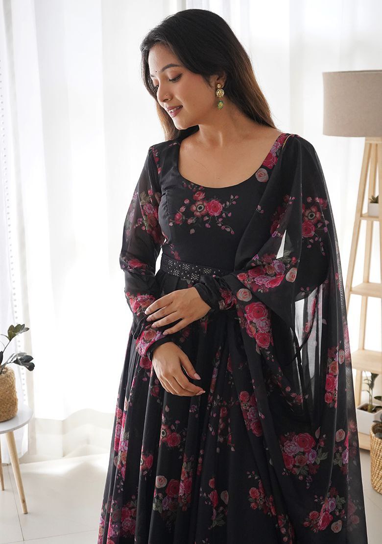 Stylish Printed Georgette Gown with Dupatta & Belt