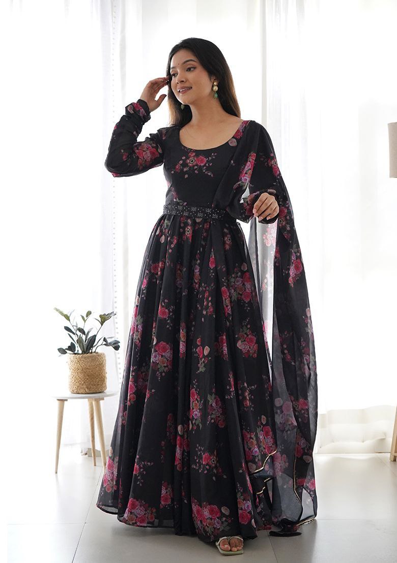 Stylish Printed Georgette Gown with Dupatta & Belt