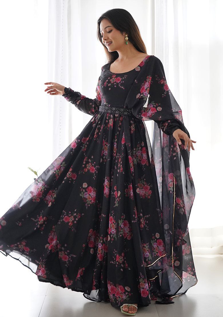Stylish Printed Georgette Gown with Dupatta & Belt