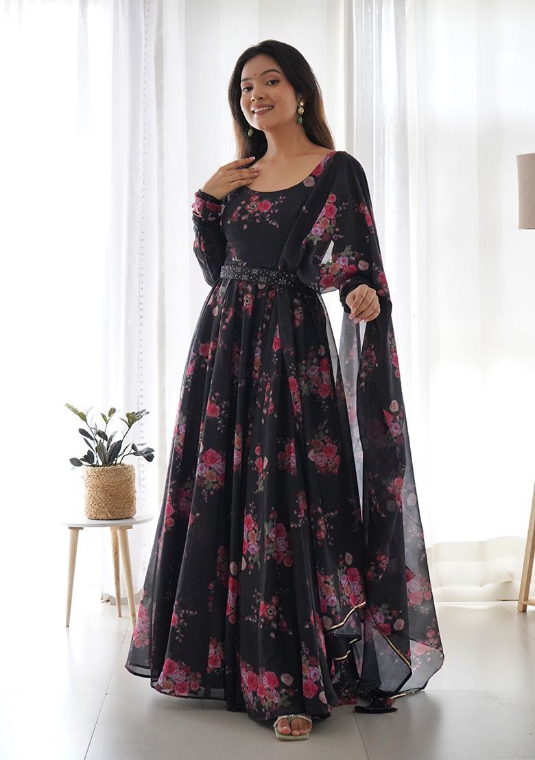 Stylish Printed Georgette Gown with Dupatta & Belt