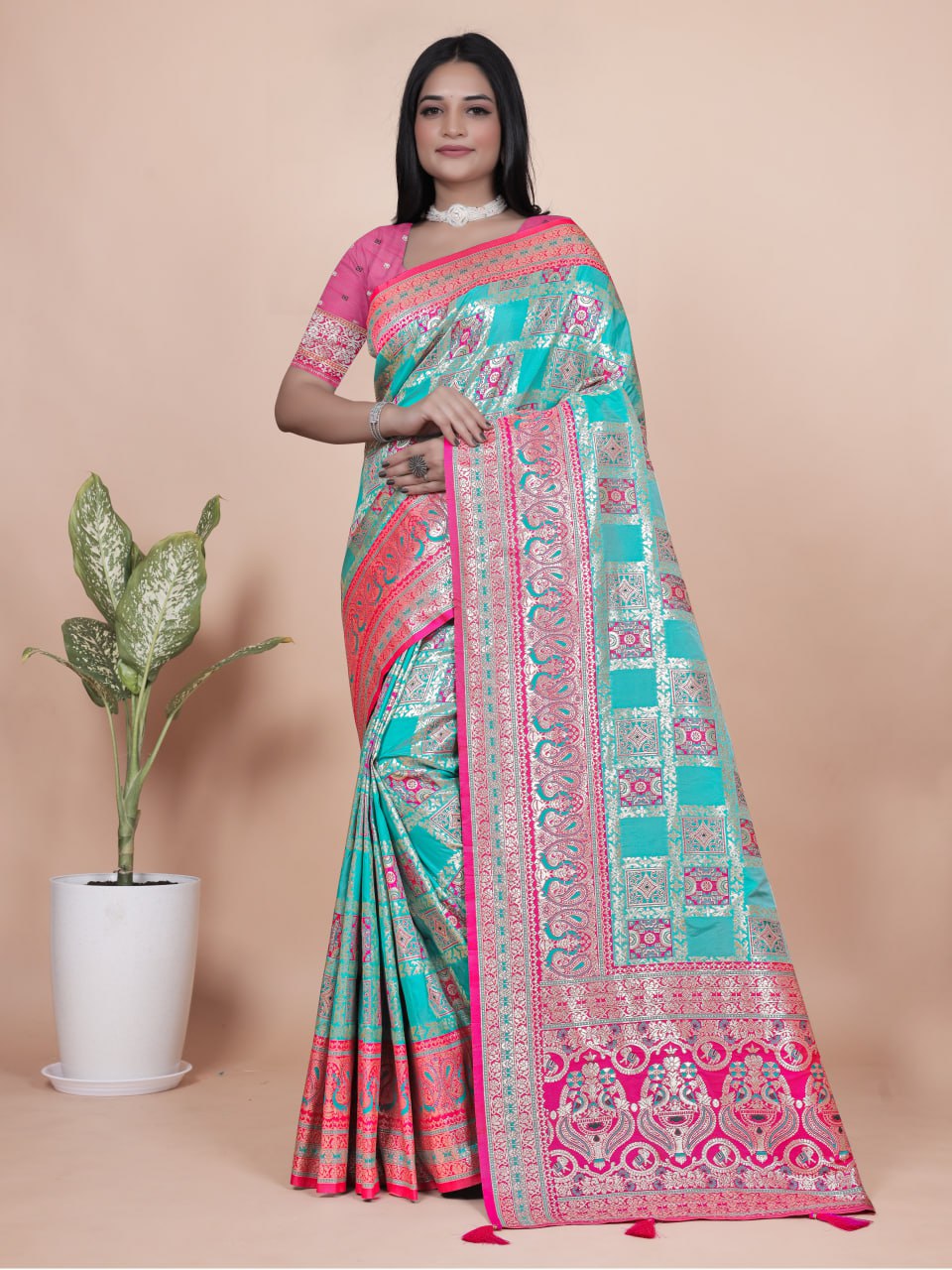 Aqua Blue & Pink Banarasi Silk Saree with Silver Zari Weaving