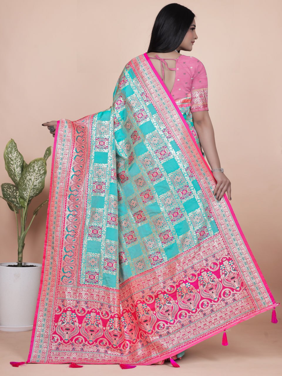 Aqua Blue & Pink Banarasi Silk Saree with Silver Zari Weaving