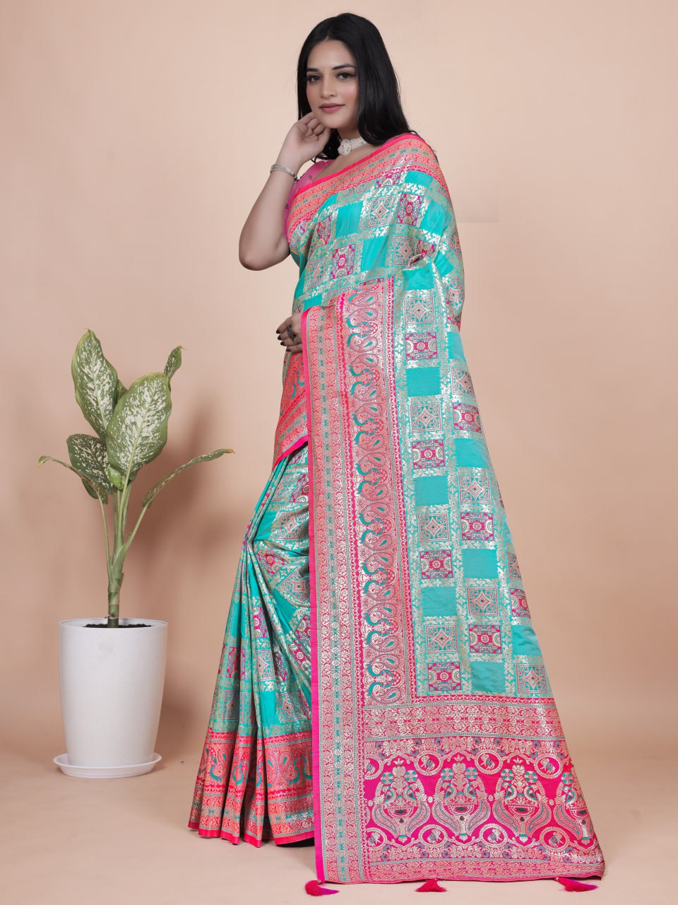 Aqua Blue & Pink Banarasi Silk Saree with Silver Zari Weaving