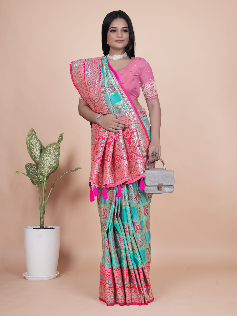Aqua Blue & Pink Banarasi Silk Saree with Silver Zari Weaving