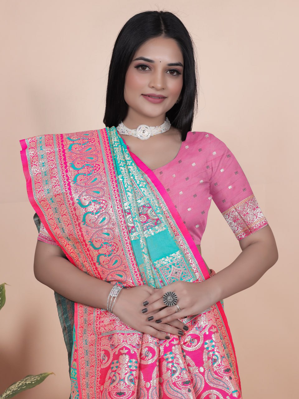 Aqua Blue & Pink Banarasi Silk Saree with Silver Zari Weaving