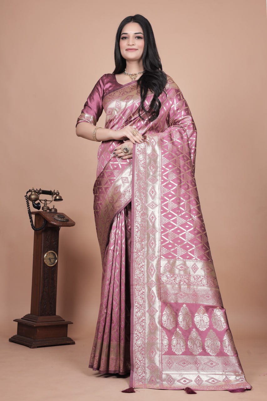 Mauve Banarasi Silk Saree with Silver Zari Work