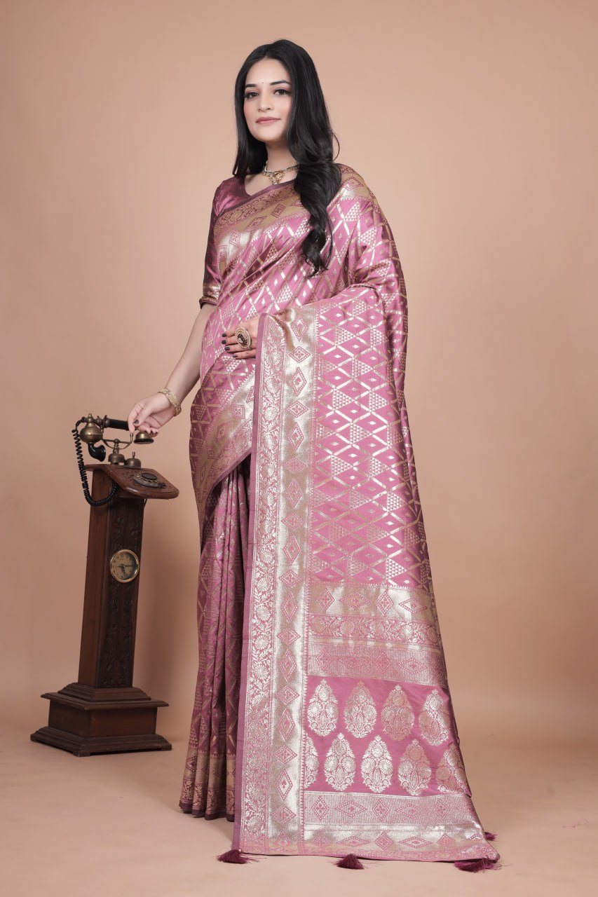 Mauve Banarasi Silk Saree with Silver Zari Work