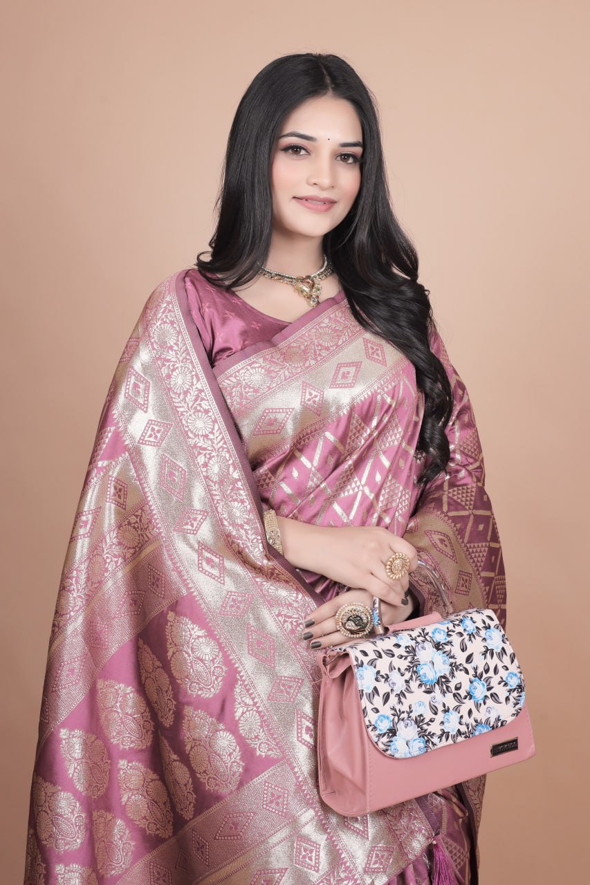 Mauve Banarasi Silk Saree with Silver Zari Work