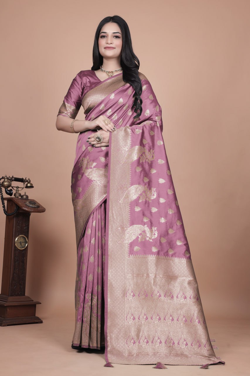 Elegant Banarasi Silk Saree with Golden Zari Weaving