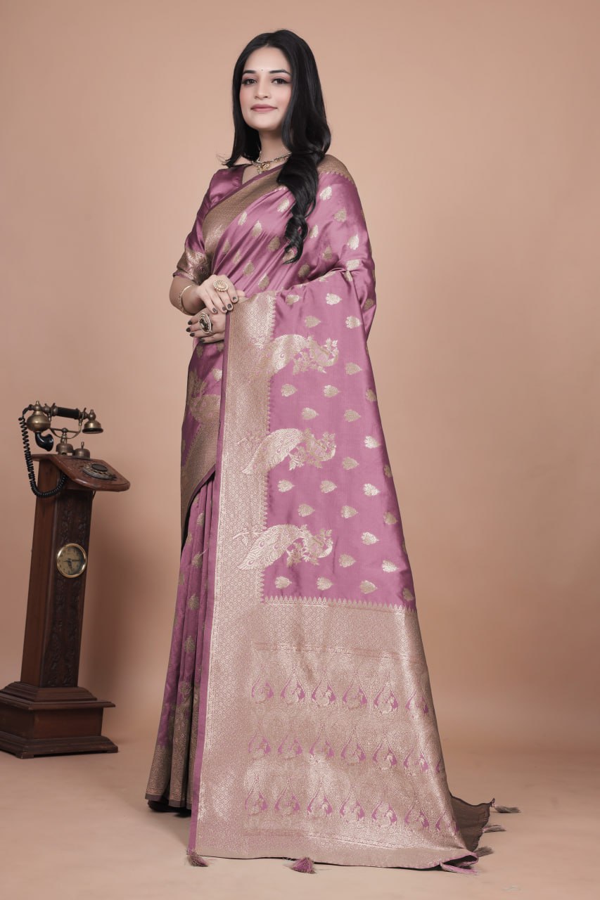 Elegant Banarasi Silk Saree with Golden Zari Weaving