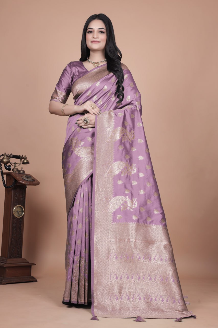 Elegant Banarasi Silk Saree with Golden Zari Weaving