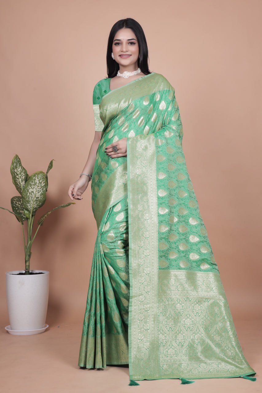 Emerald Green Banarasi Silk Saree with Golden Zari Butti