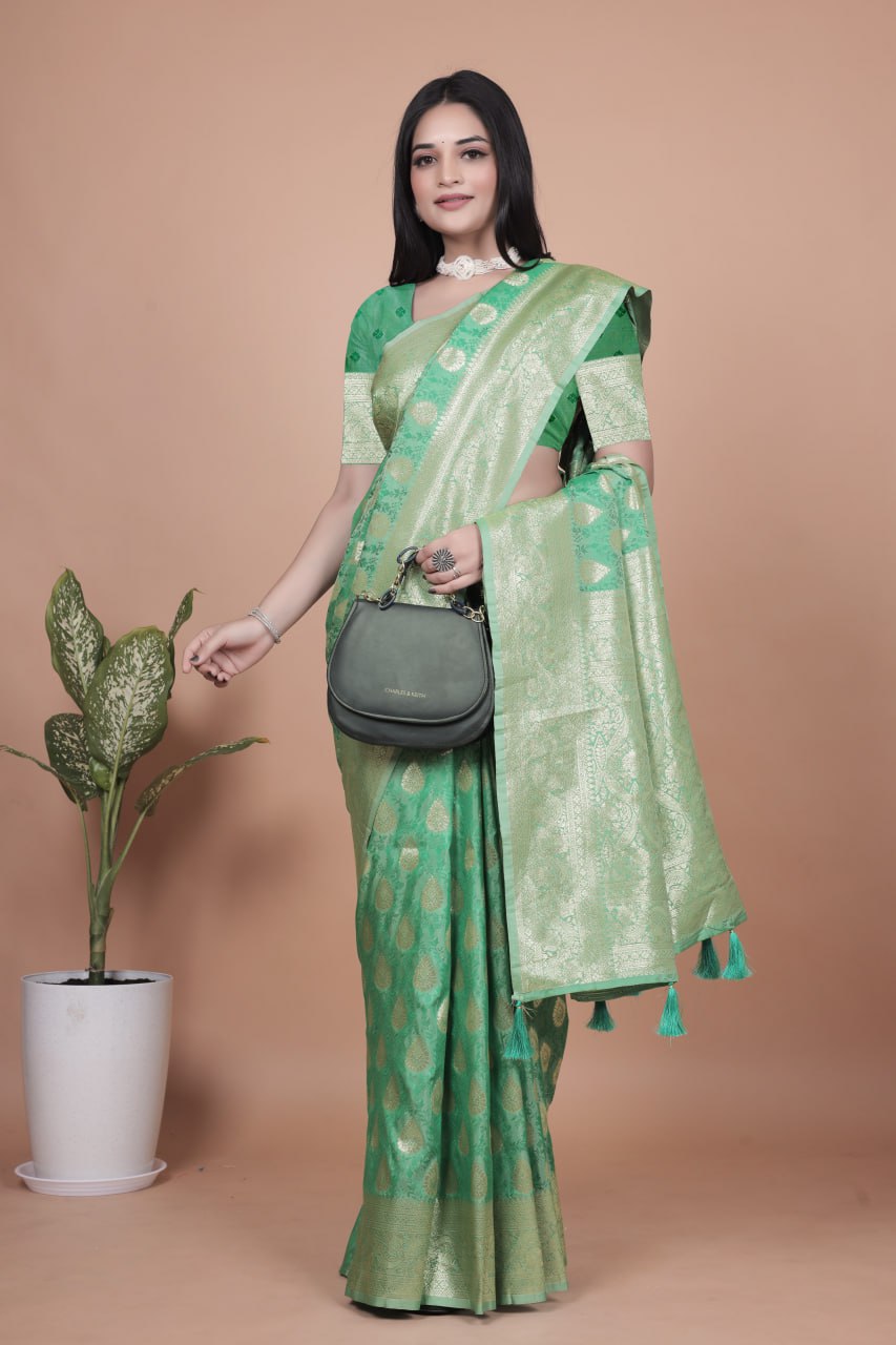 Emerald Green Banarasi Silk Saree with Golden Zari Butti