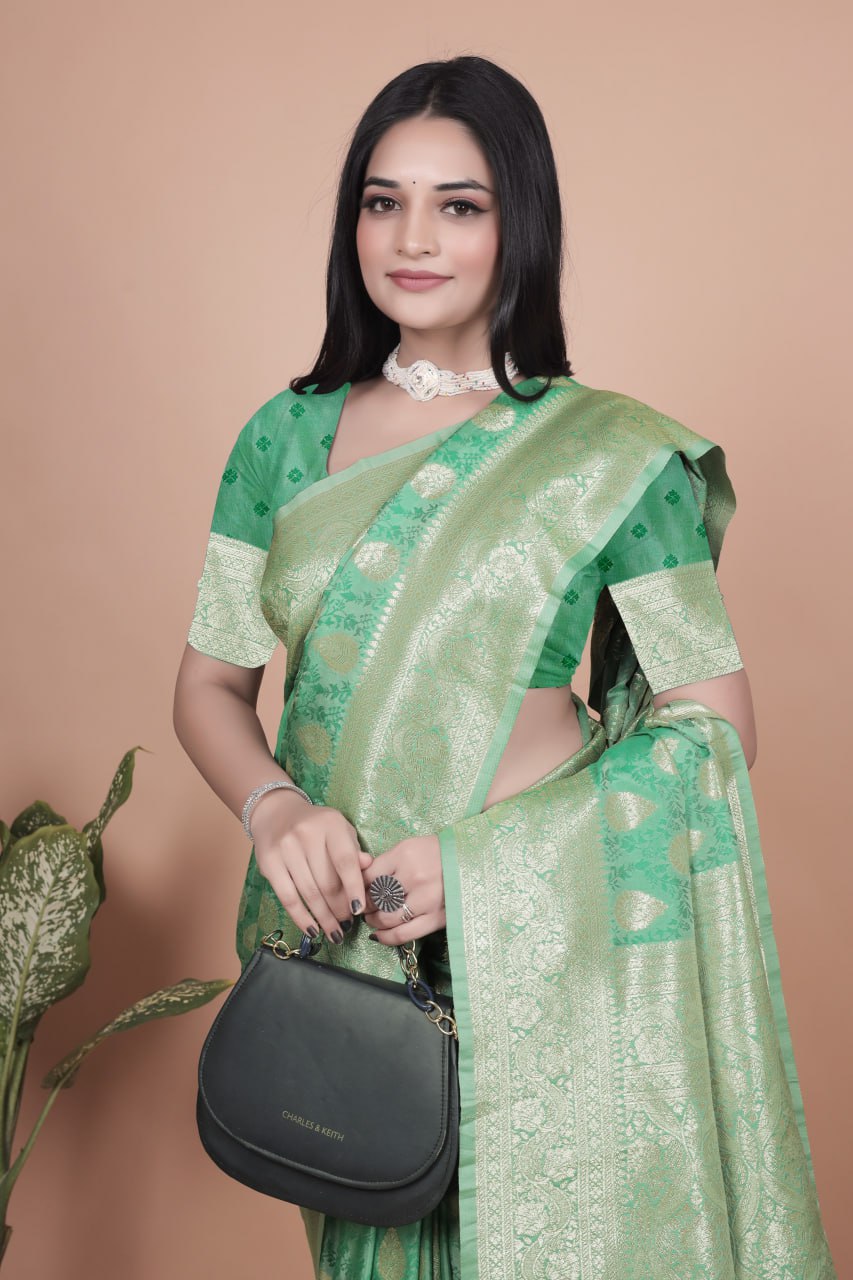 Emerald Green Banarasi Silk Saree with Golden Zari Butti