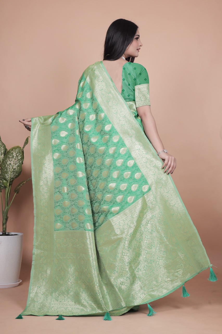 Emerald Green Banarasi Silk Saree with Golden Zari Butti