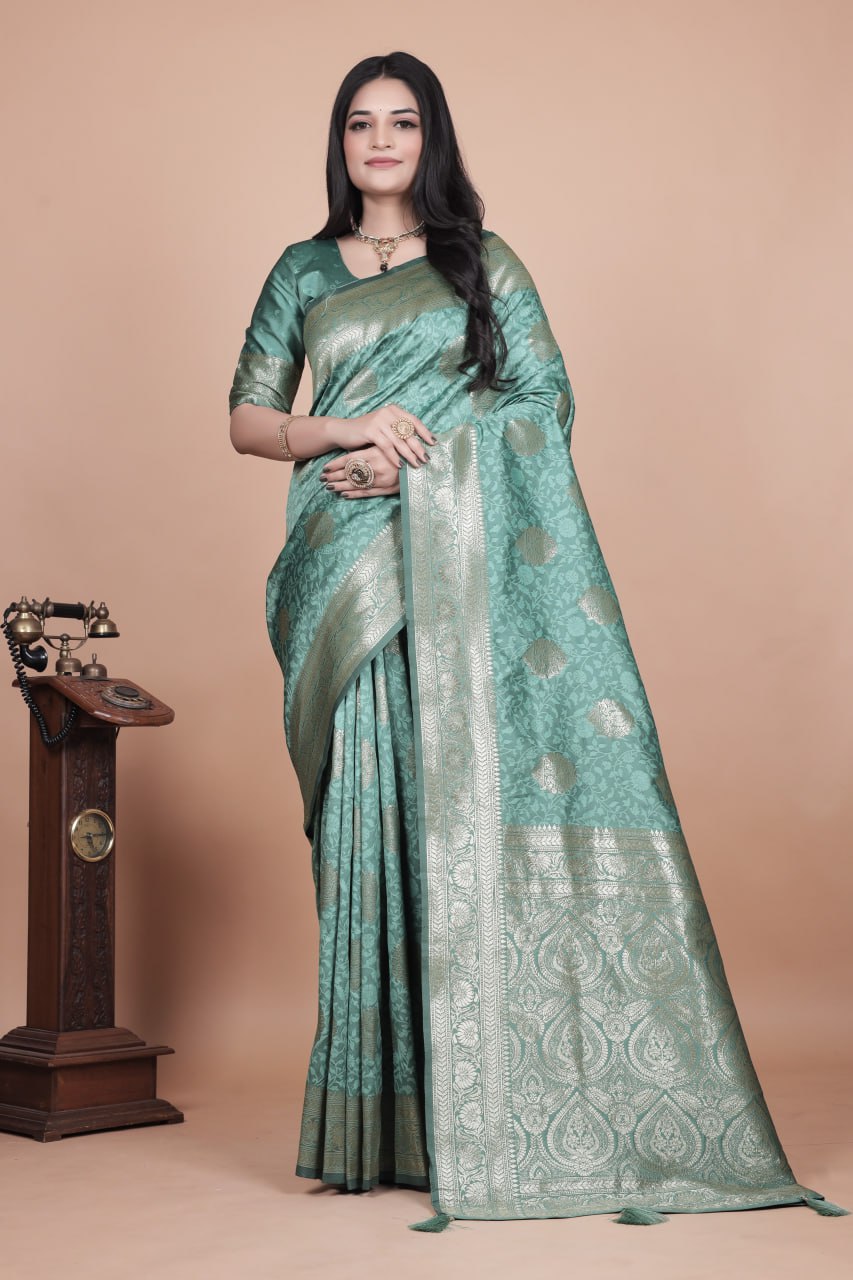Pastel Teal Banarasi Silk Saree with Gold Zari Butti & Ornate Pallu