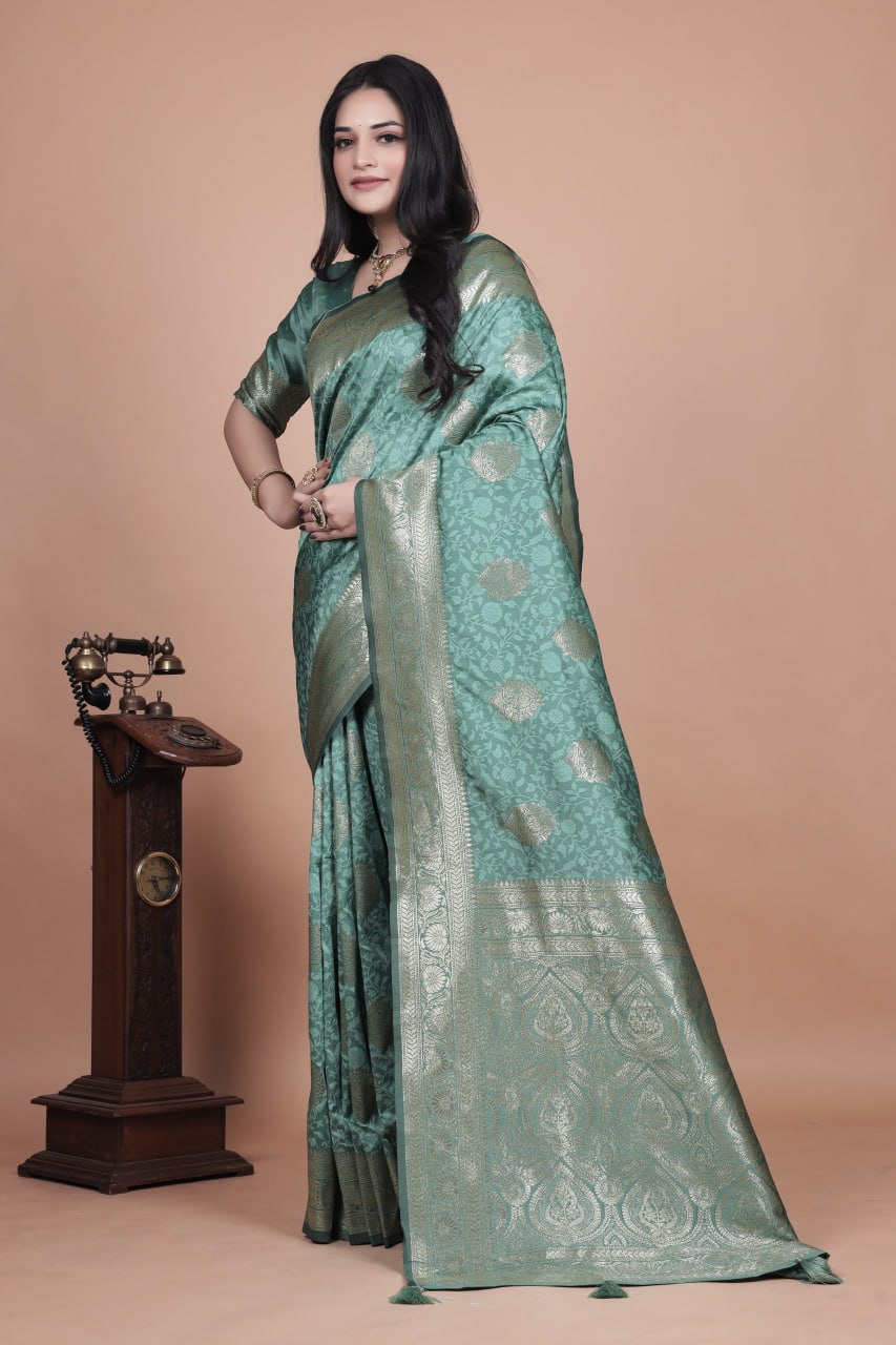 Pastel Teal Banarasi Silk Saree with Gold Zari Butti & Ornate Pallu