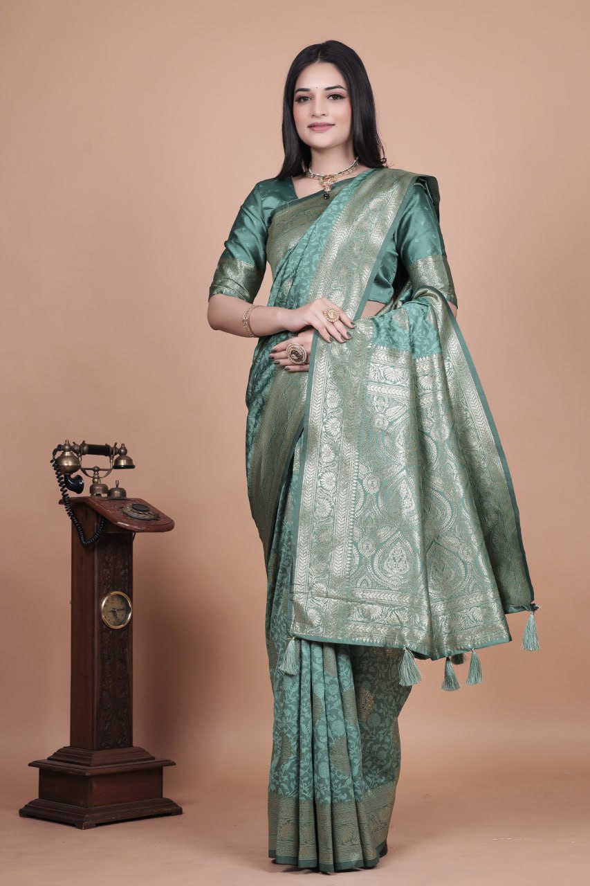 Pastel Teal Banarasi Silk Saree with Gold Zari Butti & Ornate Pallu