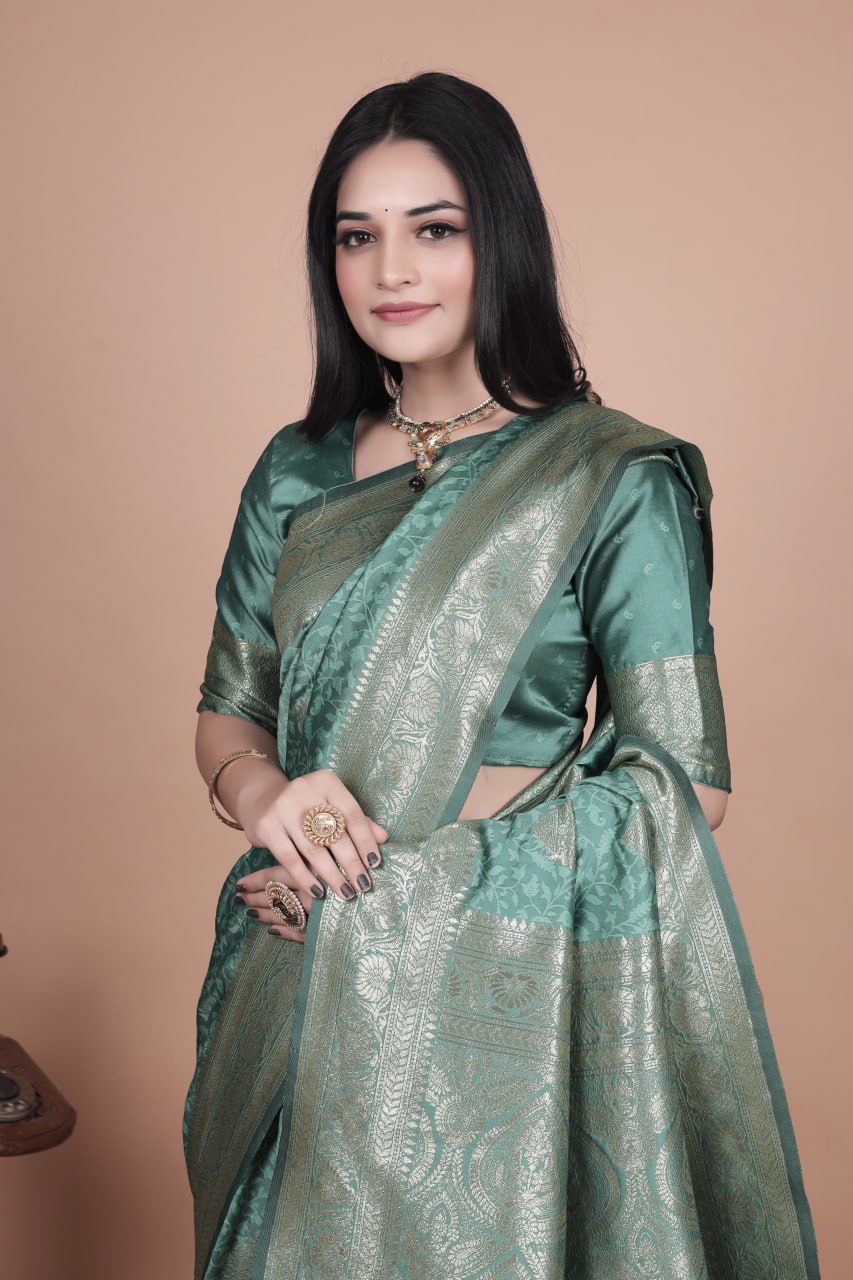 Pastel Teal Banarasi Silk Saree with Gold Zari Butti & Ornate Pallu
