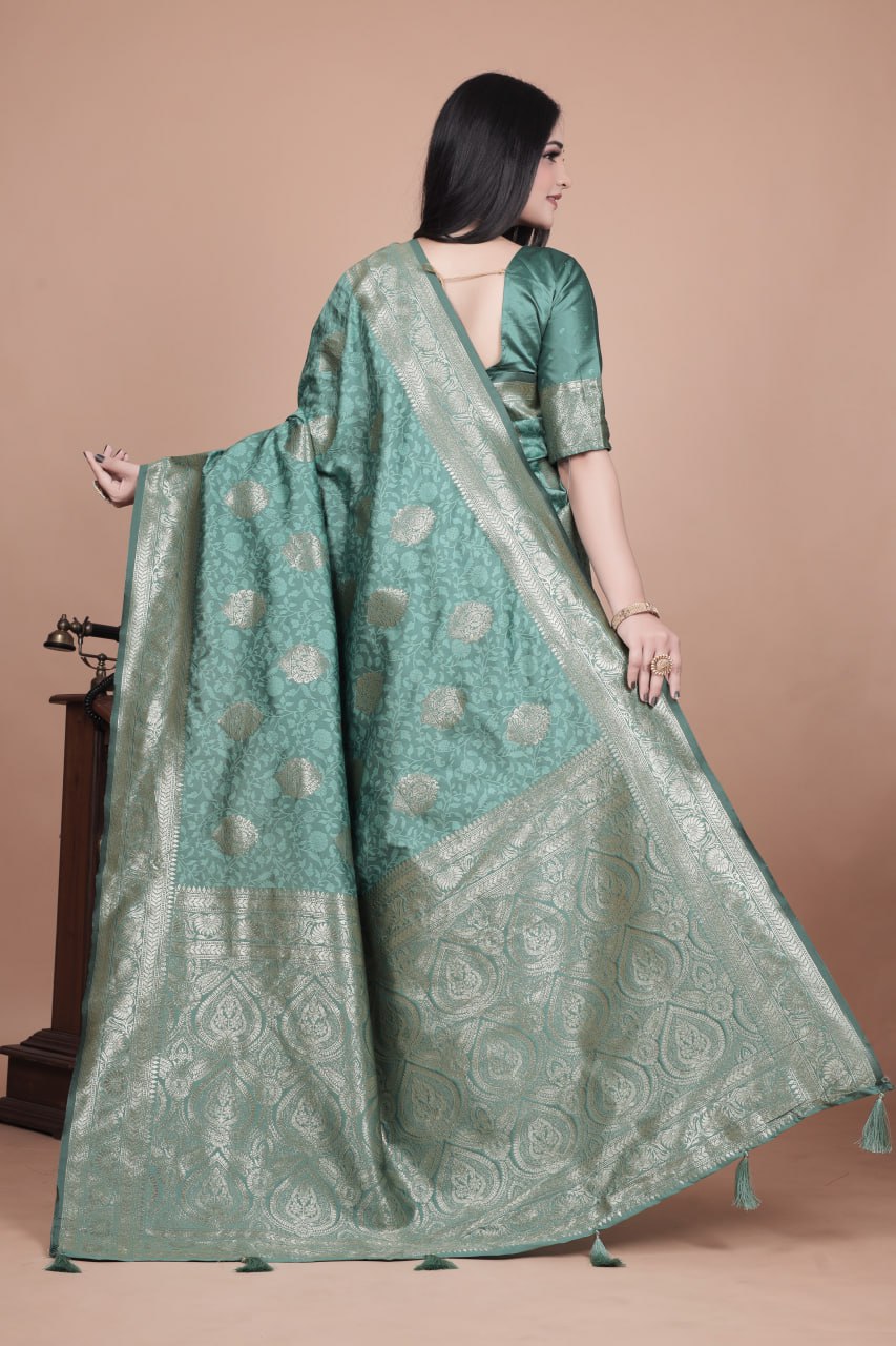 Pastel Teal Banarasi Silk Saree with Gold Zari Butti & Ornate Pallu
