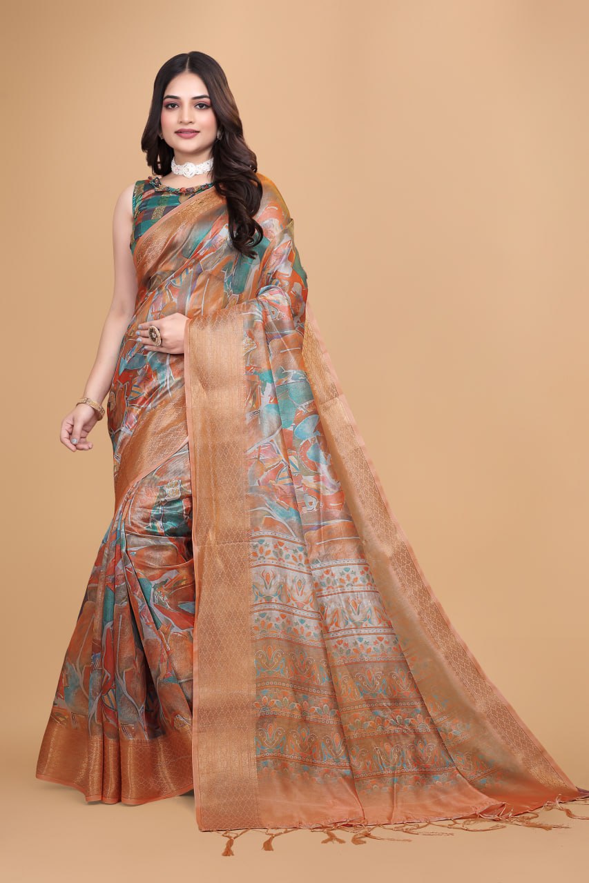 Orange & Copper Soft Silk Blend Saree with Zari Border & Printed Pallu
