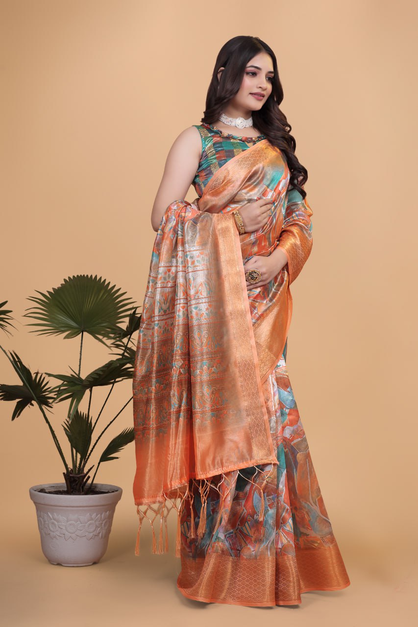Orange & Copper Soft Silk Blend Saree with Zari Border & Printed Pallu